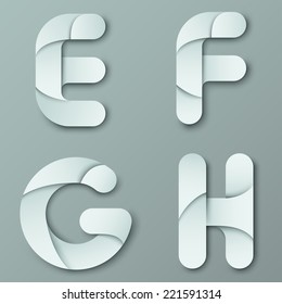 Modern Capital Letters E, F, G, H made of white paper pieces