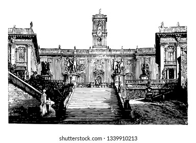 Modern Capital at Rome it have such considerable and prominent position it is necessarily entailed imitation it have no rival in the world vintage line drawing or engraving illustration.