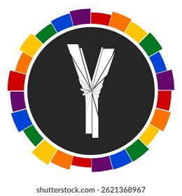 Modern capital white Letter Y Design with Multicolor Geometric Ring, Enclosed in a Black Frame