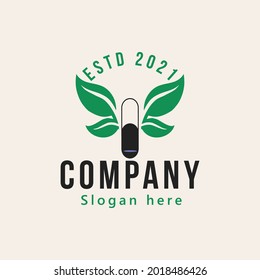 modern capsule and leaf butterfly, pharmacy logo design vector illustration isolated element
