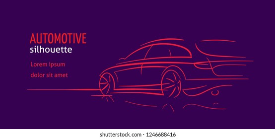 Modern car abstract line illustration. Auto silhouette outline on dark background. Vector. Text outlined. 