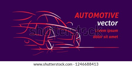 Modern car abstract line illustration for cards, flyers etc. Auto silhouette outline on dark background. Vector. Text outlined. 