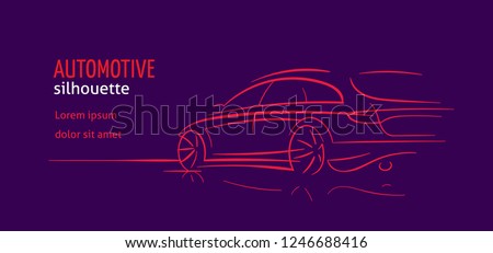 Modern car abstract line illustration. Auto silhouette outline on dark background. Vector. Text outlined. 