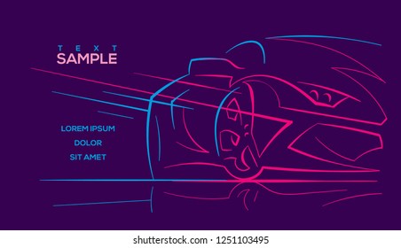 Moderna ilustración de la línea neon abstracta del coche. Vector. Texto esbozado. 