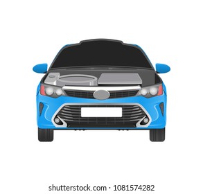 Modern car in blue corpus with open hood and parts which need replacement. Repair service for vehicle that has spoiled details vector illustration.