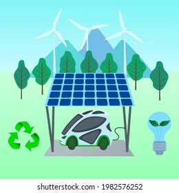 A modern car is charged by a solar battery. Bio energy. Wind power plants. Solar energy. Vector illustration in a futuristic style. 
