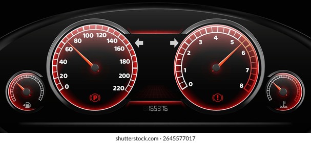 Modern car dashboard with illuminated speedometer gauges - black automotive panel displaying speed, RPM meters, fuel and temperature indicators. Digital mileage counter with vehicle statistics.
