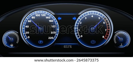 Modern car dashboard with illuminated speedometer gauges - black automotive panel displaying speed, RPM meters, fuel and temperature indicators. Digital mileage counter with vehicle statistics.