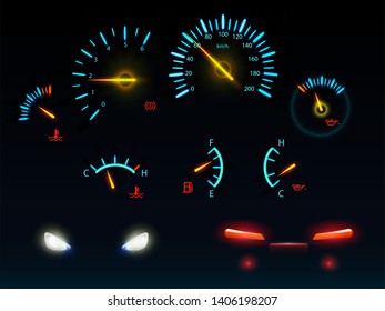 Modern car dashboard indicators glowing in darkness blue and orange light scales and arrows, automobile front and back headlights realistic vector illustrations set isolated on black background