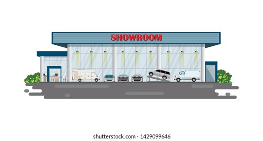 Modern Car Dealership Centre Showroom Building, Automobile Showroom Exterior Vector Illustration.