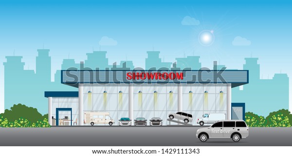 Modern car dealership centre showroom\
building includes cars on the display and test drive car,\
automobile showroom exterior vector\
illustration.