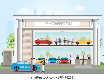 Modern car dealership showroom with reception customer service, visitors buying new car and salesman to present customer to test drive car, flat design vector illustration.