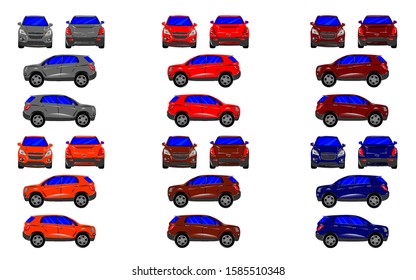 Modern Car In Different Sides With Different Colours. Favourite Colour And Favourite Design Of Many Cars.