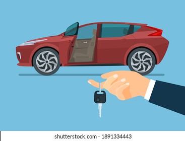 Automóvil moderno con puerta del conductor abierta durante la compra o el arrendamiento. La mano sosteniendo la llave del auto. Ilustración plana vectorial.