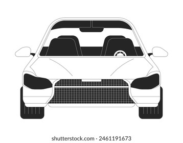 Modern car with empty salon black and white 2D line cartoon object. Fast vehicle. Personal transport front view solated vector outline item. Driving automobile monochromatic flat spot illustration