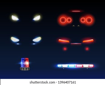 Modern car front, back headlights, rotating and flashing police or ambulance car beacon and light bar glowing white, red and blue 3d realistic vector set. Passenger, emergency vehicle exterior element