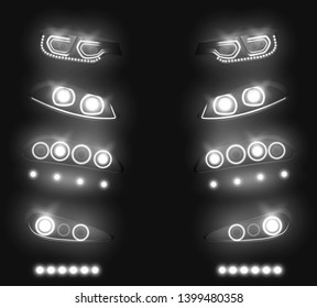 Modern car front, back headlights realistic vector set. Switched and glowing white in darkness, vehicle LED, xenon or laser running lights illustration isolated on black. Auto industry equipment