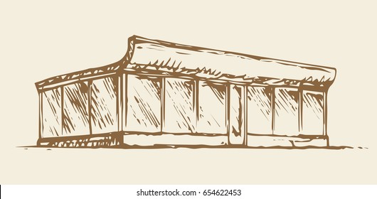 Modern car gas station salon area with shopfront isolated on white backdrop. Freehand outline ink drawn picture plan in art retro scribble graphic style pen on paper with space for text on sky