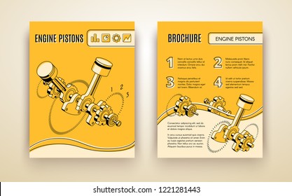 Modern car industry technologies brochure or poster isometric vector template with engine pistons on crankshaft and gears, line art illustration. Automobile repair shop, motor vehicle company ad flyer