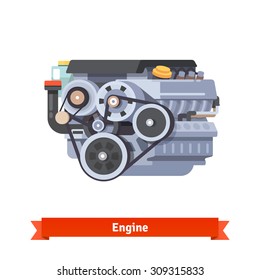Modern car internal combustion engine. Complete overhaul repair. Flat style 3d vector illustration isolated on white background.