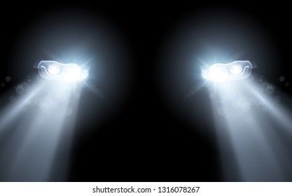 A modern car with LED headlight bulbs driving at night. Vector illustration.