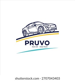 Modern car logo design featuring a sleek line art illustration of a car above the brand name "Pruvo." The design includes dynamic curved lines in yellow and teal, symbolizing movement and safety.