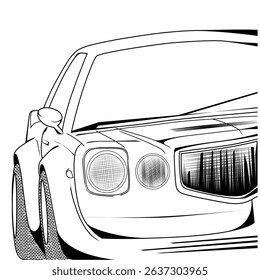 Modern car parallel view, black white drawing.