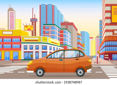 Modern car parking along town street in cartoon style. Vehicles car on city street