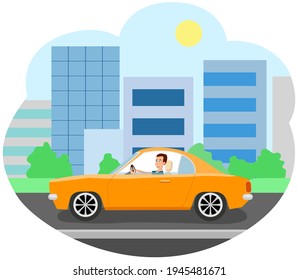 Modern car parking along town street in cartoon style. Vehicles car on city street