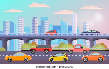 Modern car parking along town street in cartoon style. Vehicles car on city street