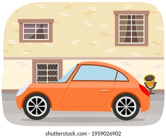 Modern car parking along town street in cartoon style. Vehicles car on city street