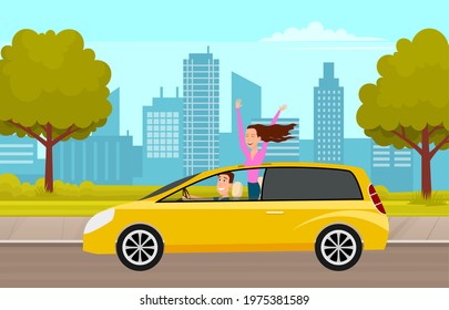 Modern car parking along town street in cartoon style. Vehicles car on city street. Auto on road with trees. Beautiful automobile in nature park. Travel by car. Drive transport. Automotive concept