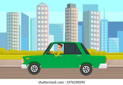 Modern car parking along town street in cartoon style. Vehicles car on city street. Auto on road with trees. Beautiful automobile in nature park. Travel by car. Drive transport. Automotive concept