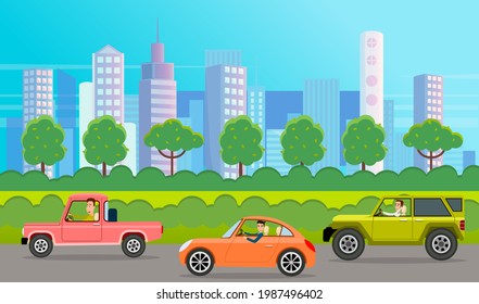 Modern car parking along town street in cartoon style. Vehicles car on city street. Auto on road with trees. Beautiful automobile in nature park. Travel by car. Drive transport. Automotive concept