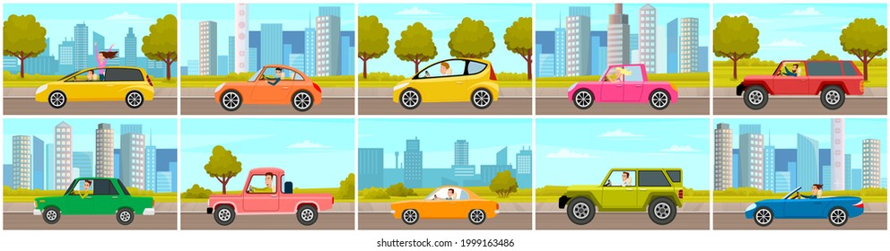 Modern car parking along town street in cartoon style. Vehicles car on city street. Auto on road with trees. Beautiful automobile in nature park. Travel by car. Drive transport. Automotive concept