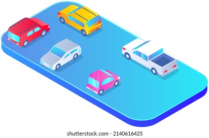 Modern car parking standing on empty or full parking lot area. Travel park place on rest space near road highway to city, zone near shopping center or office building. Automobile saloon, vehicle