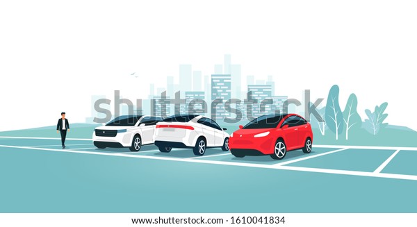 Modern car parking standing on empty or full\
parking lot area with man walking near vehicle. Travel park place\
on rest area near road highway to city. Person by car. Town skyline\
in the background.