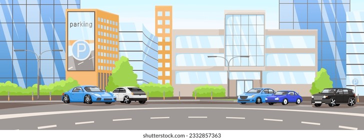 Modernes Parkhaus. Stadtpanorama-Zementparkplatz. Verkehrsgebiet der Autobahn. Leerer Verkehr. Infrastruktur für Fahrzeuge. Autogebiet in der Stadt. Leere Betonsteckplätze. Vektorgrafik