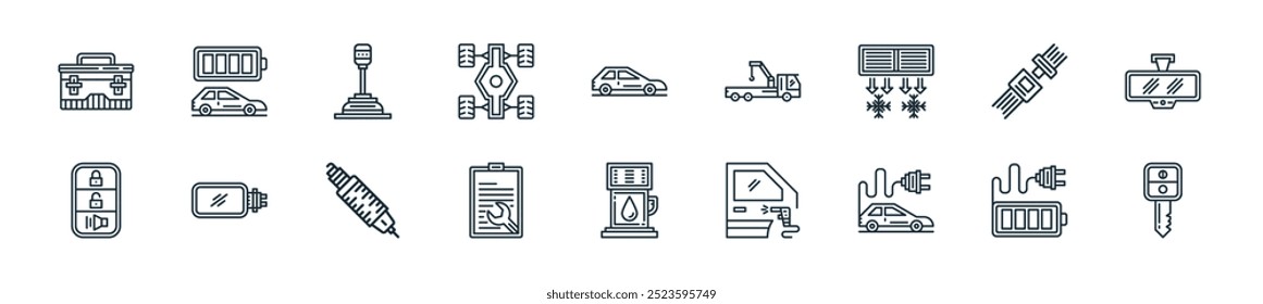 modern car part icon pack. perfect for linear ui designs featuring vector car key, battery, electric car, painting, fuel, registration form, spark plug and more icons for mobile and web apps.