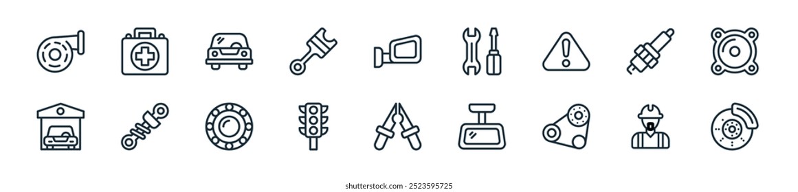 modern car parts icon pack. perfect for linear ui designs featuring vector disc brake, air conditioner, belt, rear view mirror, jumper, road, bell and more icons for mobile and web apps.