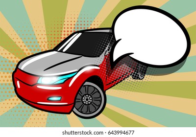 Modern car pop art style. Cartoon comic book background. Sport utility vehicle on sunbeam poster banner in bright color. Luxury roadster with text speech bubble advertise sale balloon.