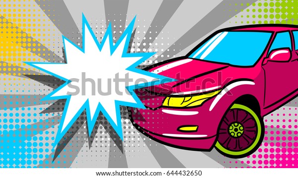 Modern car pop art style. Cartoon halftone comic\
book background. Sport utility vehicle on sunbeam poster banner in\
bright color. Luxury roadster with text star crash speech bubble\
balloon.
