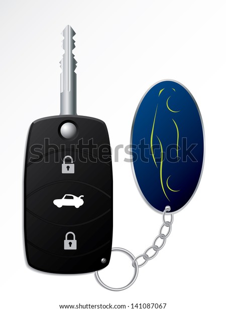 Modern car\
remote and ignition key with\
keyholder