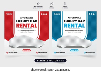 Modern car rental business template vector with red and blue colors. Vehicle management and rental business promotion template. Rent a car social media post vector with creative shapes.