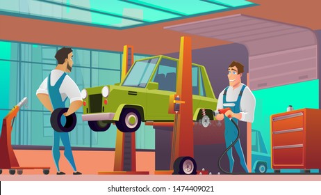 Modern Car Service Cartoon Vector Concept. Auto Service Workers or Technicians in Uniform, Using Tools, Working in Workshop, Replacing Wheels or Tires, Maintaining Vehicle Brakes on Sedan Illustration