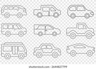 Modern car set in linear style on transparent background.