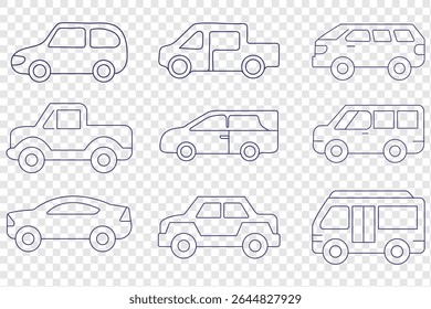 Modern car set in linear style on transparent background.
