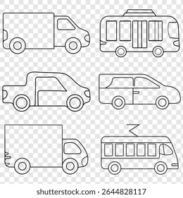 Modern car set in linear style on transparent background.