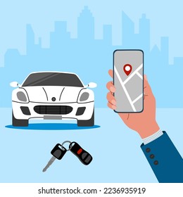 Modern car sharing or car rental service concept. Hand holds smartphone with route and point location on a city map, white sport car and car keys. Flat vector illustration isolated on blue background.