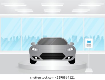 Modern Car in Showroom Interior View. Car Center Service. Buying New Car Concept. Vector Illustration. 